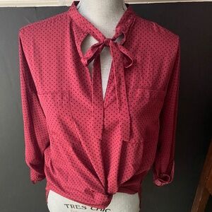 ABERCROMBIE & FITCH L/S Blouse Maroon Black Polka Dot w/Necktie & Pockets Sz Med